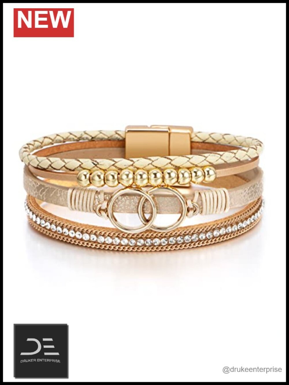 Boho Leather Wrap Multi-Strand Bracelet with Beads and Crystals